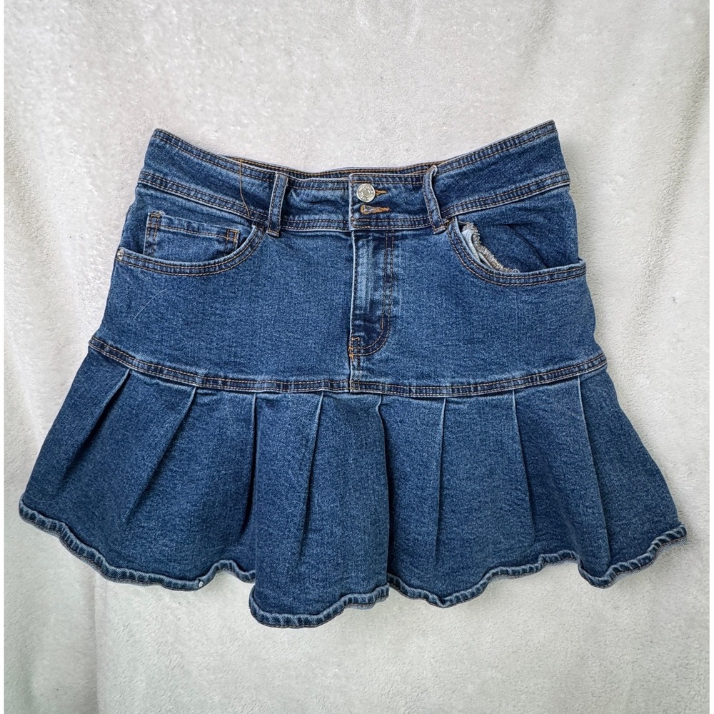 Wild Fable Women's Size 10 High Rise Pleated Denim Mini Skirt Stone Wash